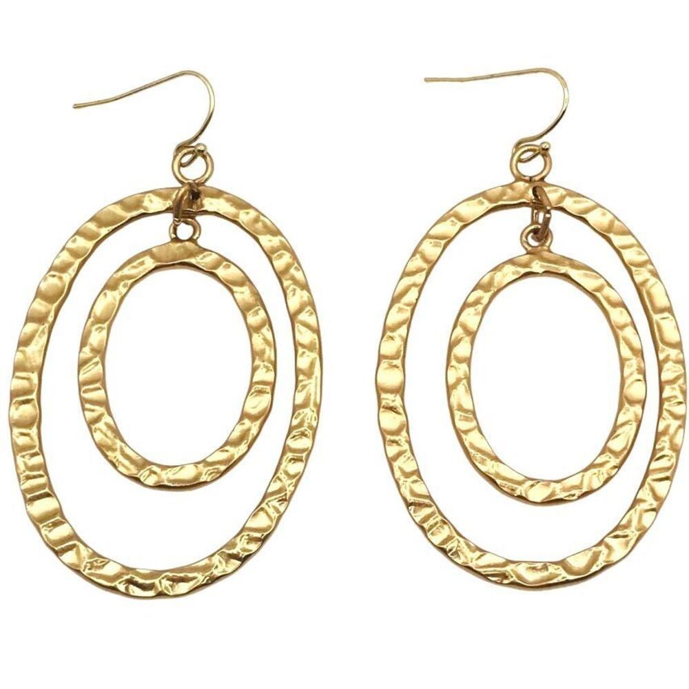 Statement Matte Gold Hammered Oval Dangle Earrings
